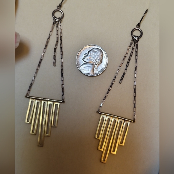 Vintage GAS Bijoux Handcrafted Mixed Metal Geometric Dangle Art Deco Earrings - Picture 2 of 3